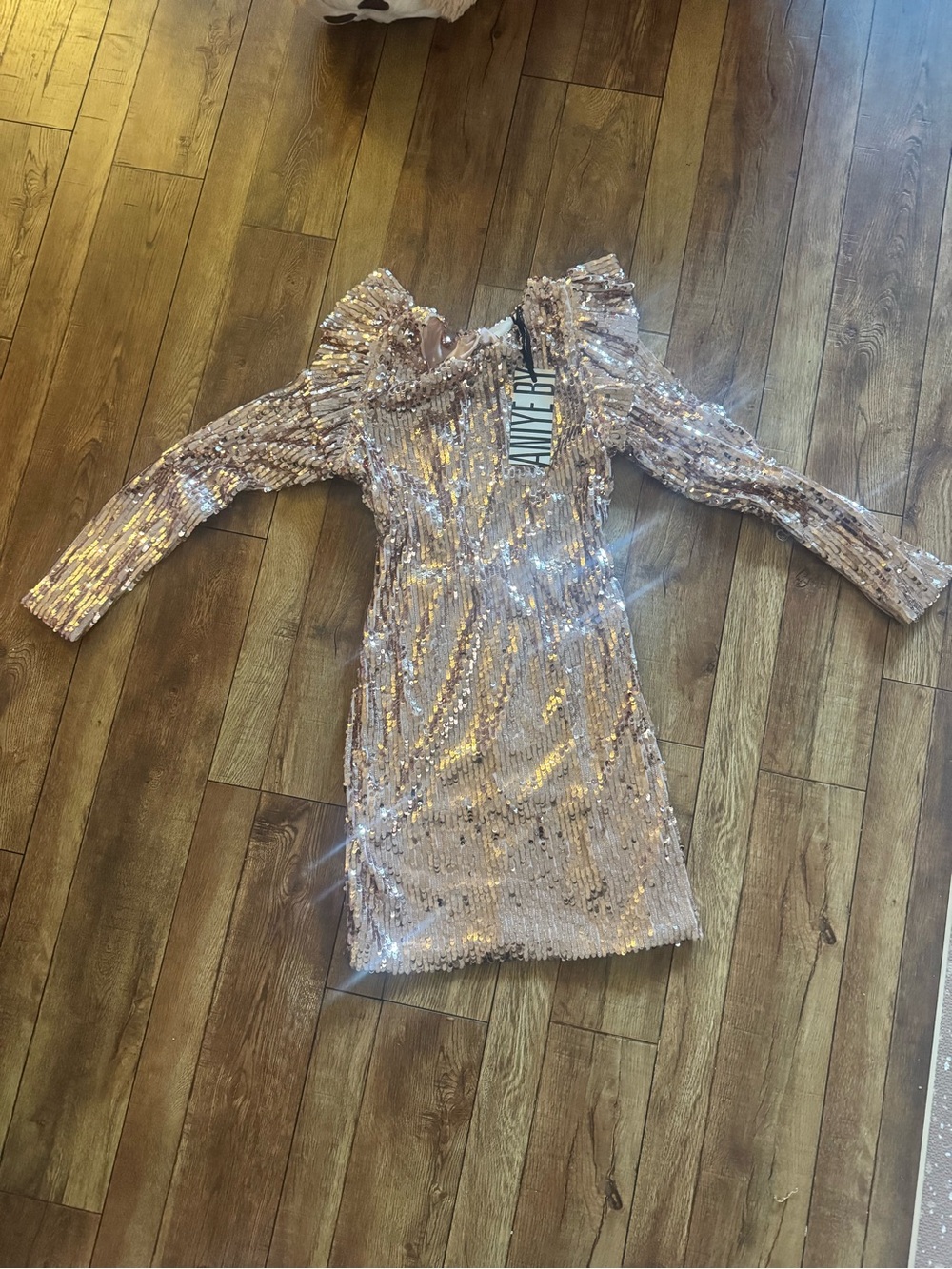 ANIYE BY Rose Gold Sequin Party Dress with Ruffle Shoulders
